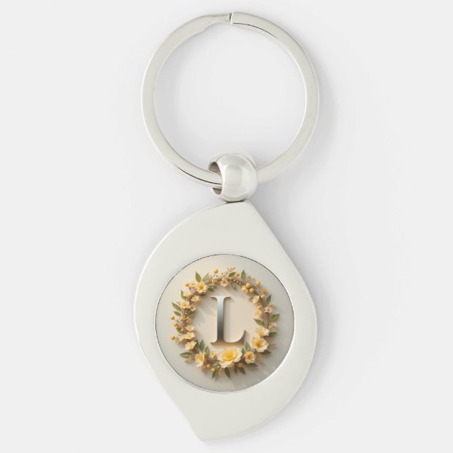 Chaveiro Grinalda Floral Elegante com Letra L Dourada (Frente)