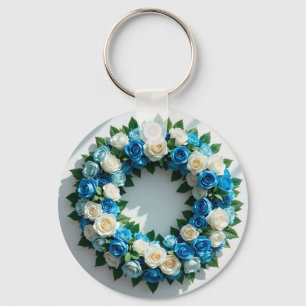 Chaveiro Grinalda Floral Elegante Rosas Azuis e Brancas