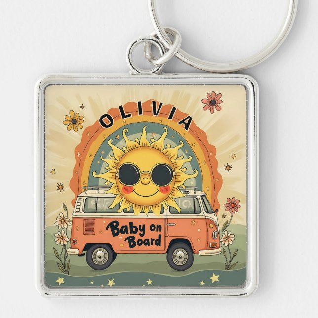 Chaveiro Groovy Retro Bebê Sorridente Sol, Paz e Amor Vibes (Frente)