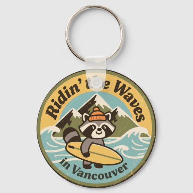 Chaveiro Guaxinim Surfista Retro de Vancouver (Frente)