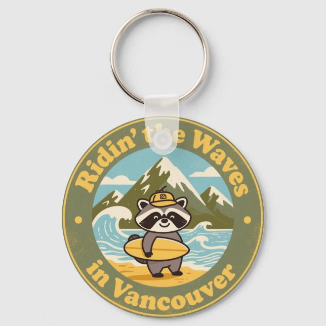 Chaveiro Guaxinim Surfista Vintage de Vancouver (Frente)