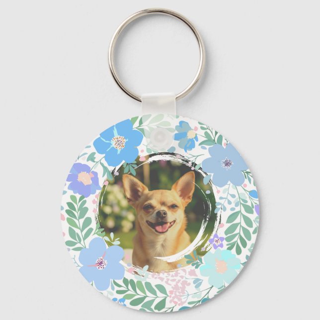 Chaveiro Guirlanda de Flores Azul Pastel de Chihuahua Perso (Verso)