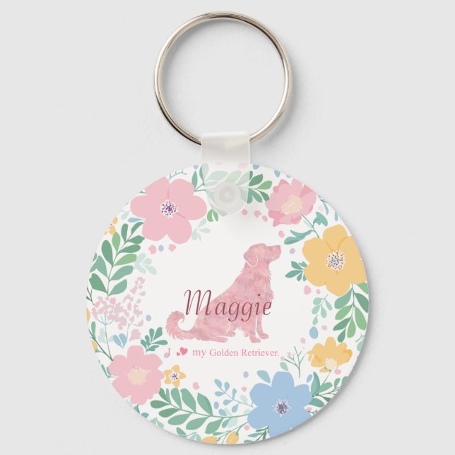 Chaveiro Guirlanda de Flores Rosa Pastel para Golden Retrie (Frente)