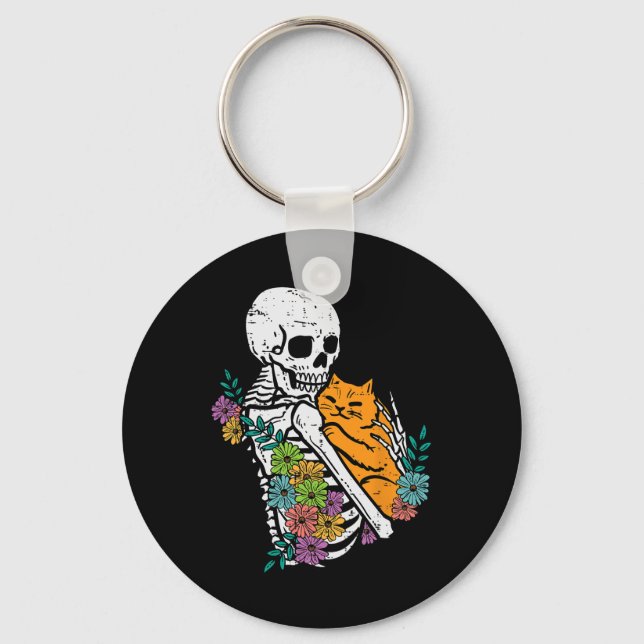 Chaveiro Halloween Skeleton Cat Hug Flores Figurume Mulhere (Frente)