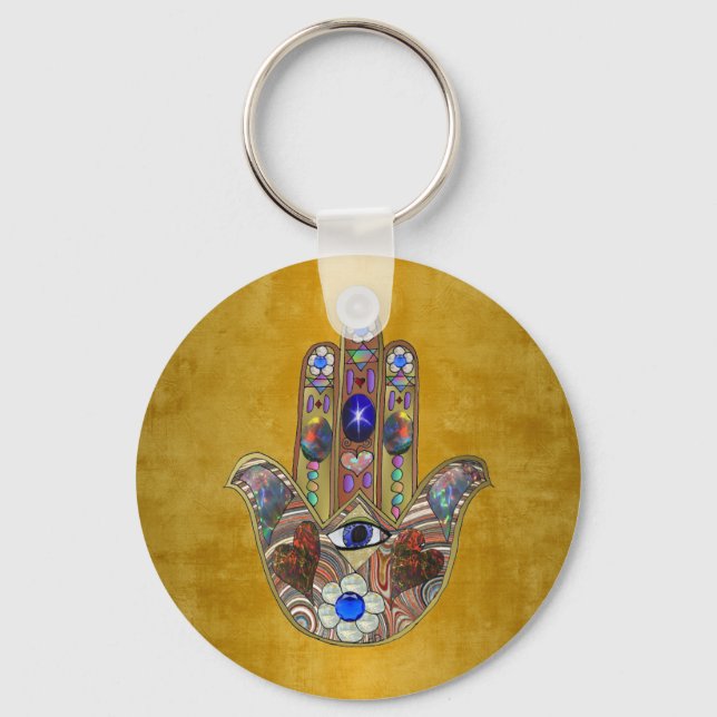 Chaveiro Hamsa Hearts Flowers Opal Art em Dourado (Frente)