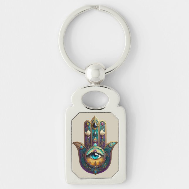 Chaveiro Hamsa Violeta Dourado Turquesa com Terceiro Olho T (Frente)