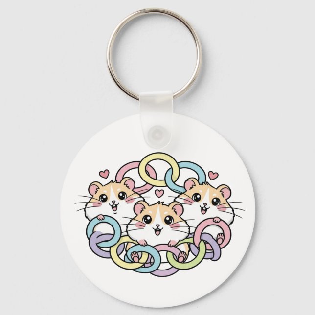 Chaveiro Hamsters Felizes em Anéis Pastel (Frente)