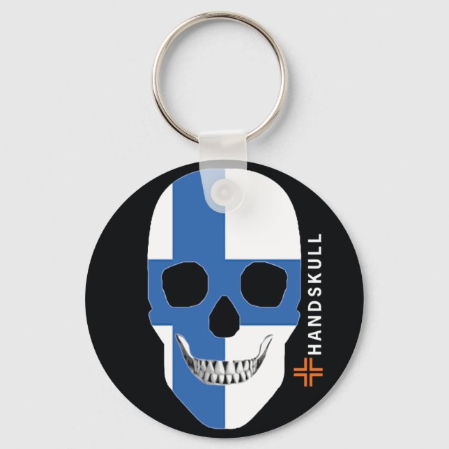 Chaveiro HANDSKULL Finlândia,crânio feliz,bandeira da Finlâ (Frente)