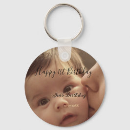 Chaveiro Happy 1st birthday name photo date stylish calligr