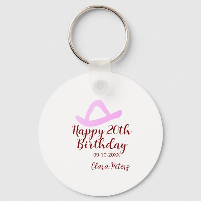 Chaveiro Happy 20th birthday pink cowboy girl name date sim (Frente)