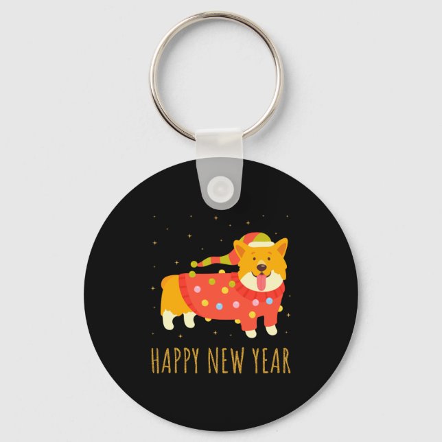 Chaveiro Happy Dog Corgi Celebrating New Year Cozy Christma (Frente)