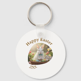Chaveiro Happy Easter white bunny year photo family name 