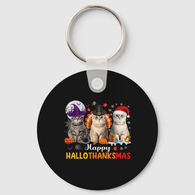 Chaveiro Happy Hallothanksmas Cats Halloween Thanksgiving C (Frente)