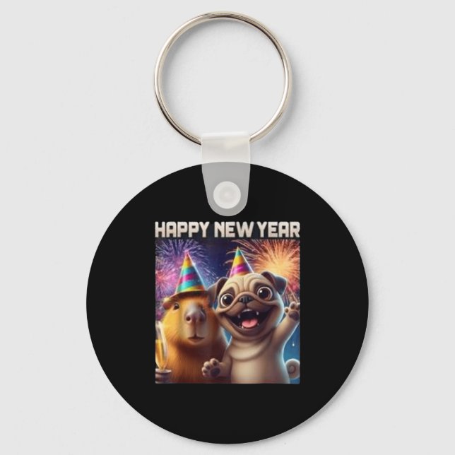 Chaveiro Happy New Year 2026 Capybara Pug Party Art  (Frente)