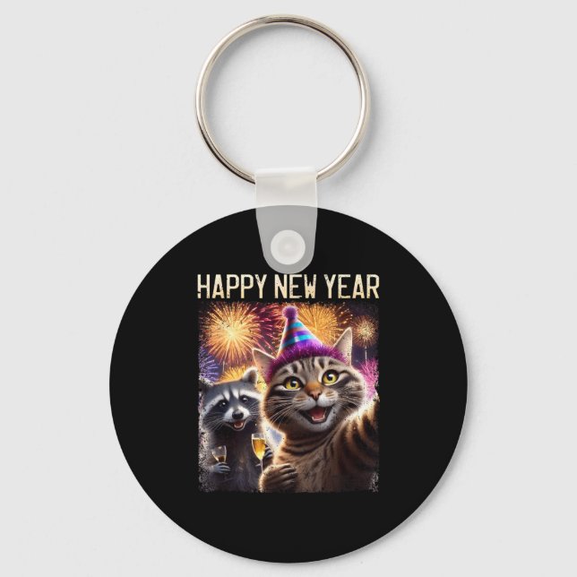 Chaveiro Happy New Year 2026 Cute Cat Raccoon Celebration  (Frente)