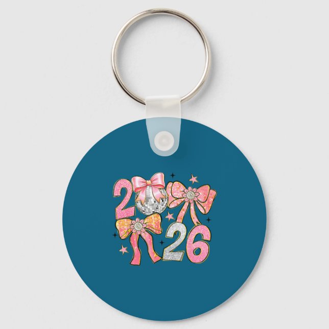 Chaveiro Happy New Year 2026 Disco Ball Coquette Bow New Ye (Frente)