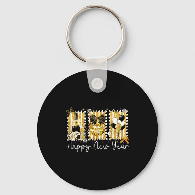 Chaveiro Happy New Year 2026 Gold Coquette Bow Disco Ball C (Frente)