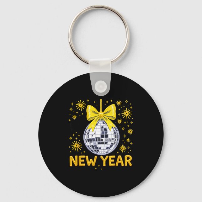Chaveiro Happy New Year 2026 Golden Disco Ball Bow New Year (Frente)