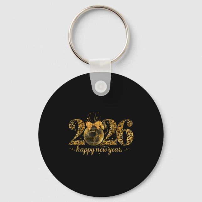 Chaveiro Happy New Year Cute Gold Disco Ball Bow New Year's (Frente)