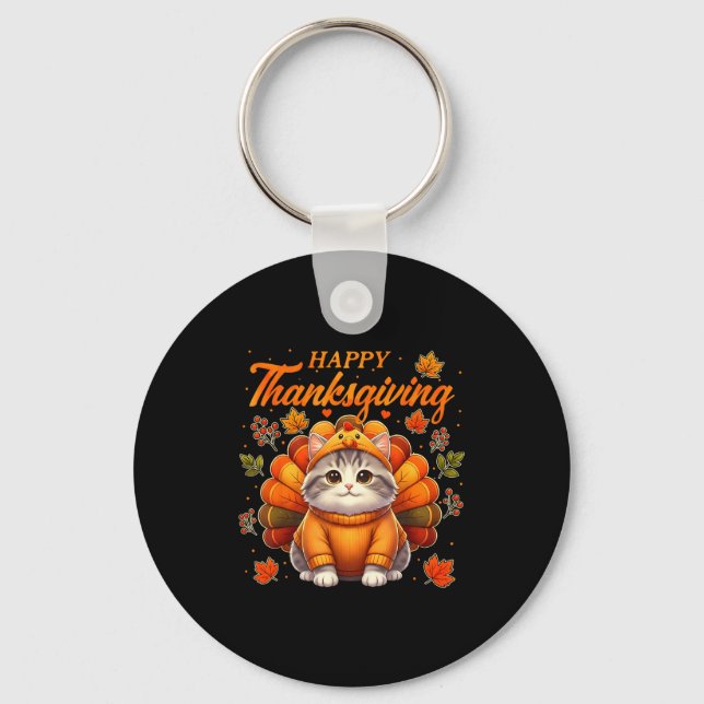 Chaveiro Happy Thanksgiving Cat Turkey Day Autumn Fall Men  (Frente)