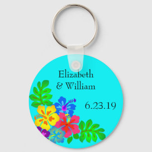 Chaveiro Hawaiian Flowers Aqua Wedding Favor