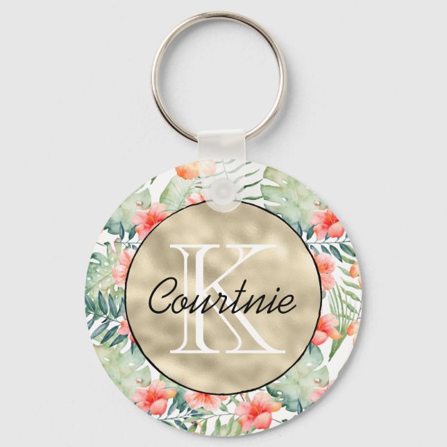 Chaveiro Hibiscus Floral Dourado Monograma Rosa Tropical (Frente)