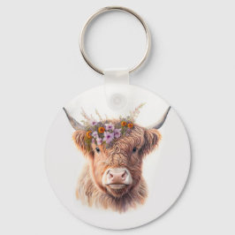 Chaveiro Highland Cow with Floral Crown Watercolor Illustra
