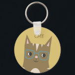 Chaveiro Hipster Tabby Cat com Óculos | Monograma<br><div class="desc">Ilustração vetorial de um gato de mesa bonitinho com óculos verdes emoldurados. É um desenho de tendências de animais hipsteres. Ele está sorrindo no rosto. presente de excelente para gatos e amantes de os animais!</div>