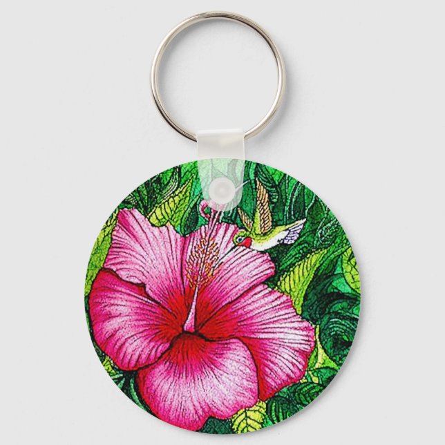 Chaveiro Hummingbird Hibiscus Watercolor Painting (Frente)
