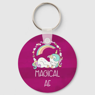Chaveiro Humor Unicorn Magical AF em padrão vermelho escuro