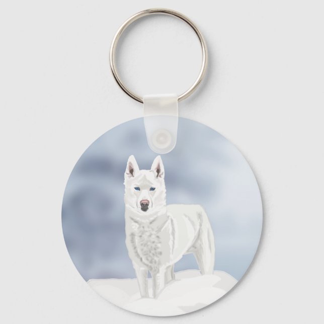 Chaveiro Husky Branco contra Cena de Neve (Frente)