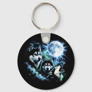 Chaveiro Husky Siberiano Uivando para a Lua – Céu Noturno d