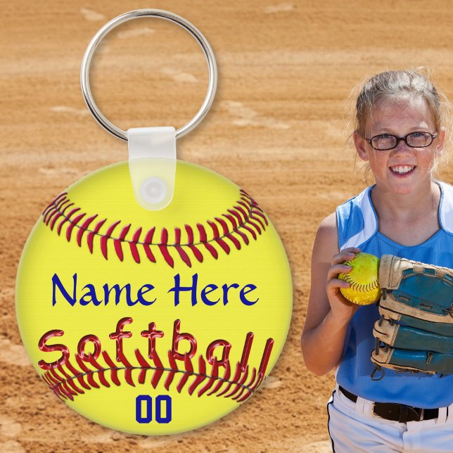 Chaveiro Ideias de presentes personalizadas da equipe de so (Personalized softball gifts for players. Softball party favors or cheap softball gift ideas. Blue)