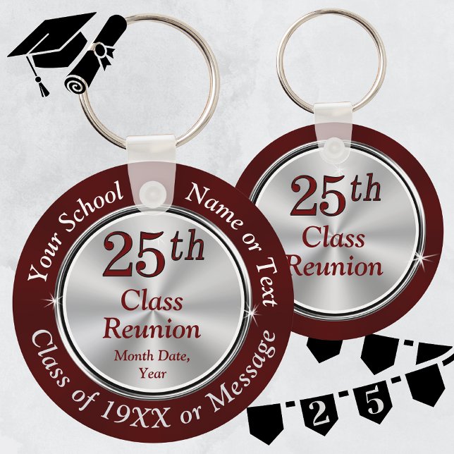 Chaveiro Ideias de Reunião de Classe 25, Favoritos de Reuni (25th Class Reunion Favors. Maroon Burgundy and Silver Gray, Class Reunion Keychains.)