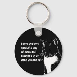 Chaveiro Ilustração a preto e branco de Gato Engraçado