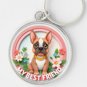 Chaveiro Ilustração Adorável de Cachorro com Flores