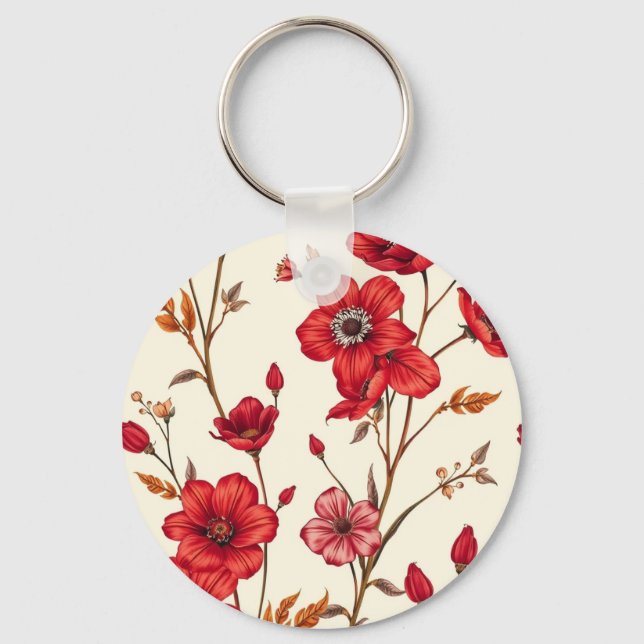 Chaveiro Ilustração Botânica Vermelha Vibrante (Frente)