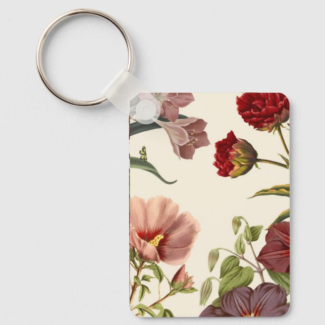 Chaveiro Ilustração botânica vintage com flores vermelhas (Frente)