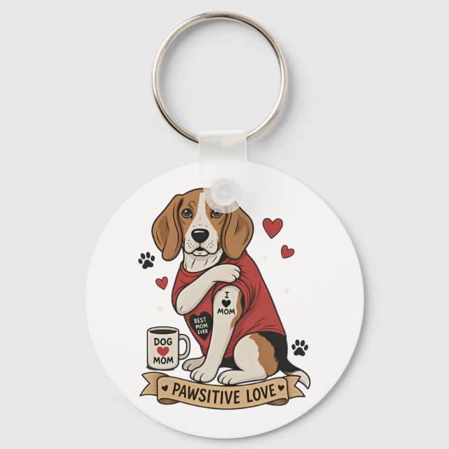 Chaveiro Ilustração de Beagle com Tatuagem Eu Amo Mamãe (Frente)