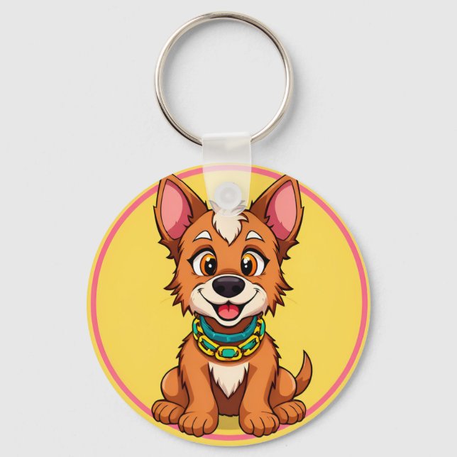 Chaveiro Ilustração de Desenho Animado de Cachorro Feliz (Frente)
