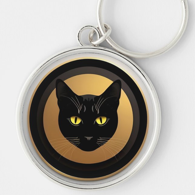 Chaveiro Ilustração de Gato Preto em Círculo Dourado (Frente)