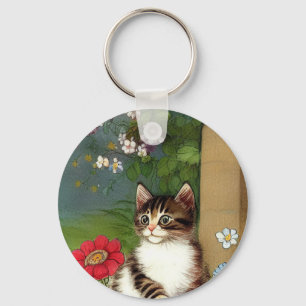 Chaveiro Ilustração de Gato Vintage com Flores de Mola