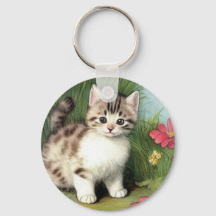 Chaveiro Ilustração de Gato Vintage com Flores Vermelhas