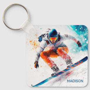Chaveiro Ilustração de Snowboarder de Nome Personalizado
