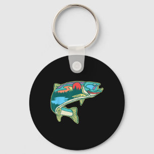 Chaveiro Ilustração de Truta na Natureza Vintage Pesca com
