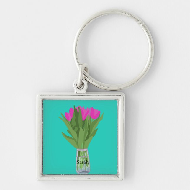 Chaveiro Ilustração Moderna da Flor de Tulip bonito + Nome (Frente)
