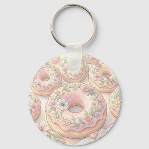 Chaveiro Ilustração Pastel de Donuts Rosa Floral