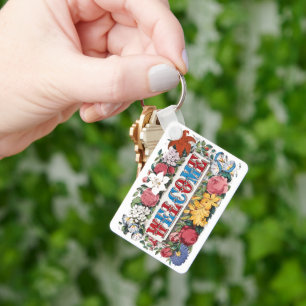 Chaveiro Ilustração Vintage BEM-VINDO com Flores