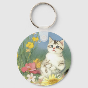 Chaveiro Ilustração Vintage Kitten com Flores Amarelas
