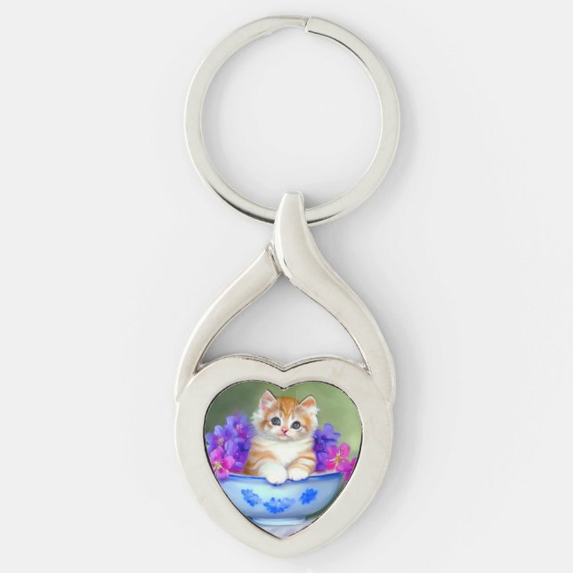 Chaveiro Ilustração Vintage Laranja e White Kitten (Frente)